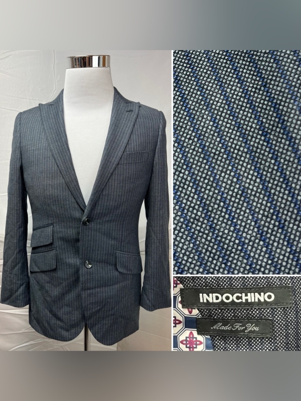 Indochino Bespoke Men’s 38S Slim Fit Gray Blue Pinstripe Wool Cashmere Blazer